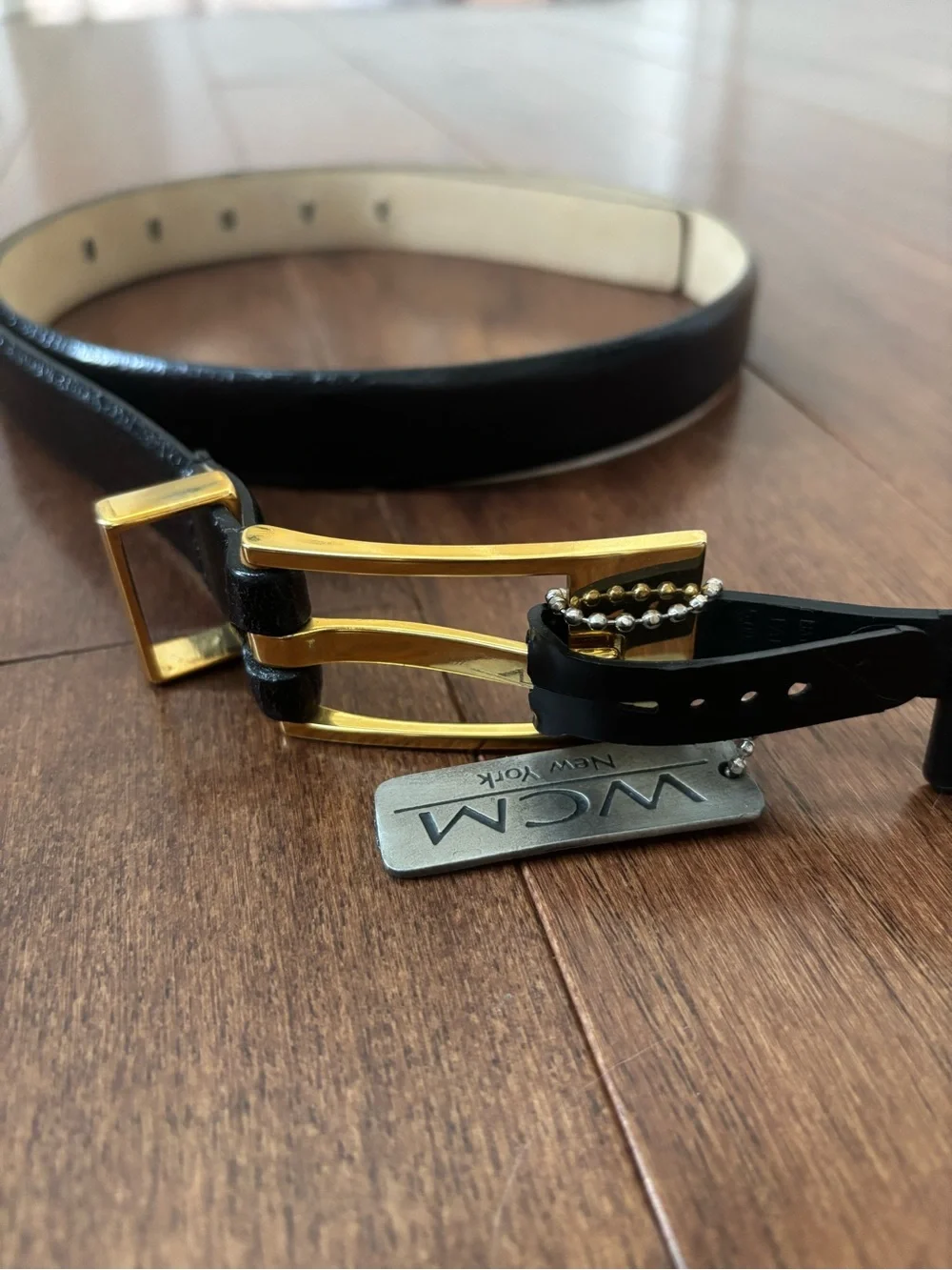 WCM Black Leather Belt with Gold Buckle